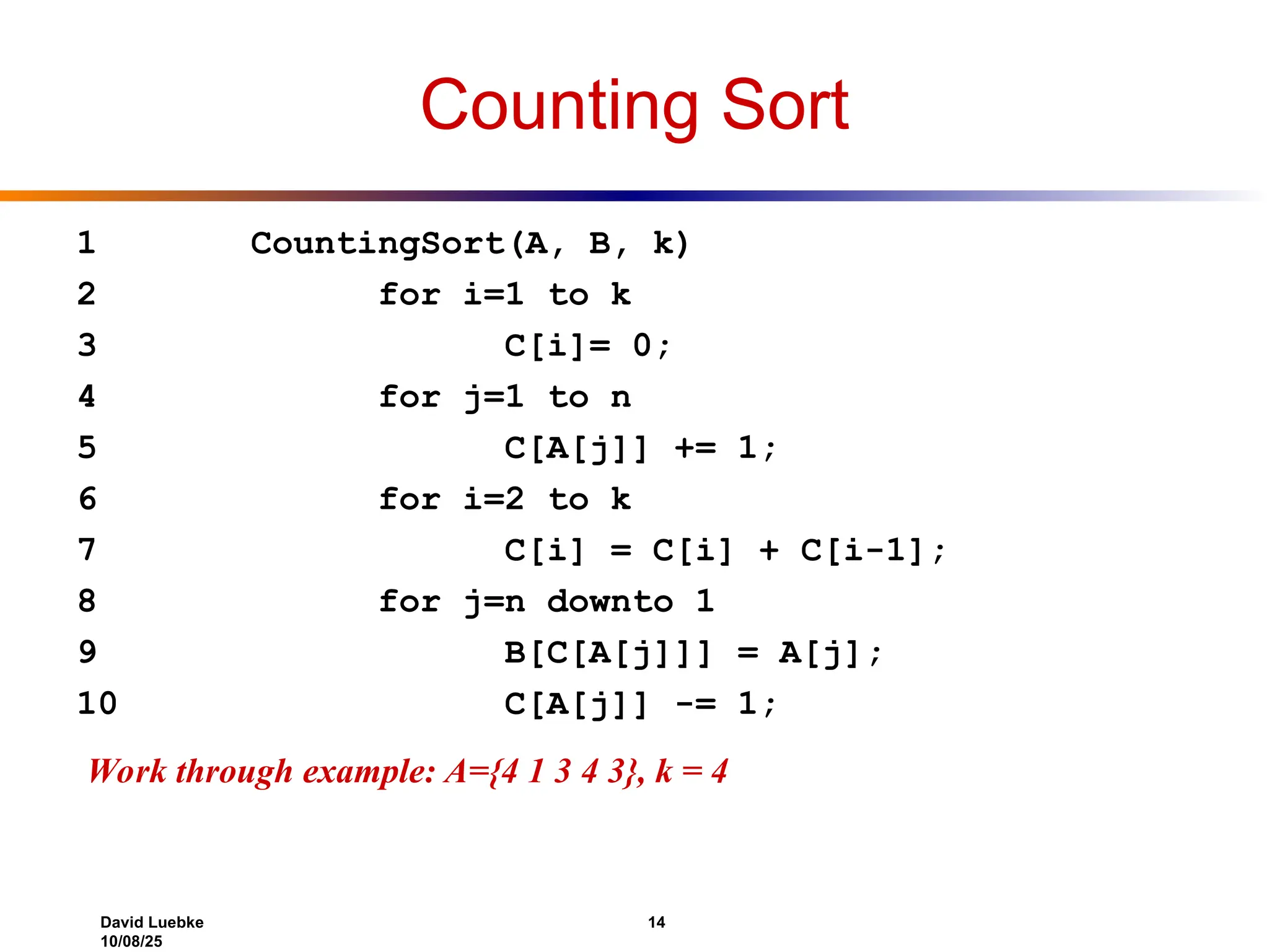 David Luebke 14
10/08/25
Counting Sort
1 CountingSort(A, B, k)
2 for i=1 to k
3 C[i]= 0;
4 for j=1 to n
5 C[A[j]] += 1;
6 for i=2 to k
7 C[i] = C[i] + C[i-1];
8 for j=n downto 1
9 B[C[A[j]]] = A[j];
10 C[A[j]] -= 1;
Work through example: A={4 1 3 4 3}, k = 4
 