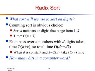 David Luebke 21
10/08/25
Radix Sort
 What sort will we use to sort on digits?
 Counting sort is obvious choice:
 Sort n numbers on digits that range from 1..k
 Time: O(n + k)
 Each pass over n numbers with d digits takes
time O(n+k), so total time O(dn+dk)
 When d is constant and k=O(n), takes O(n) time
 How many bits in a computer word?
 