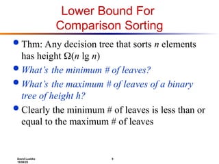 David Luebke 9
10/08/25
Lower Bound For
Comparison Sorting
 Thm: Any decision tree that sorts n elements
has height (n lg n)
 What’s the minimum # of leaves?
 What’s the maximum # of leaves of a binary
tree of height h?
 Clearly the minimum # of leaves is less than or
equal to the maximum # of leaves
 