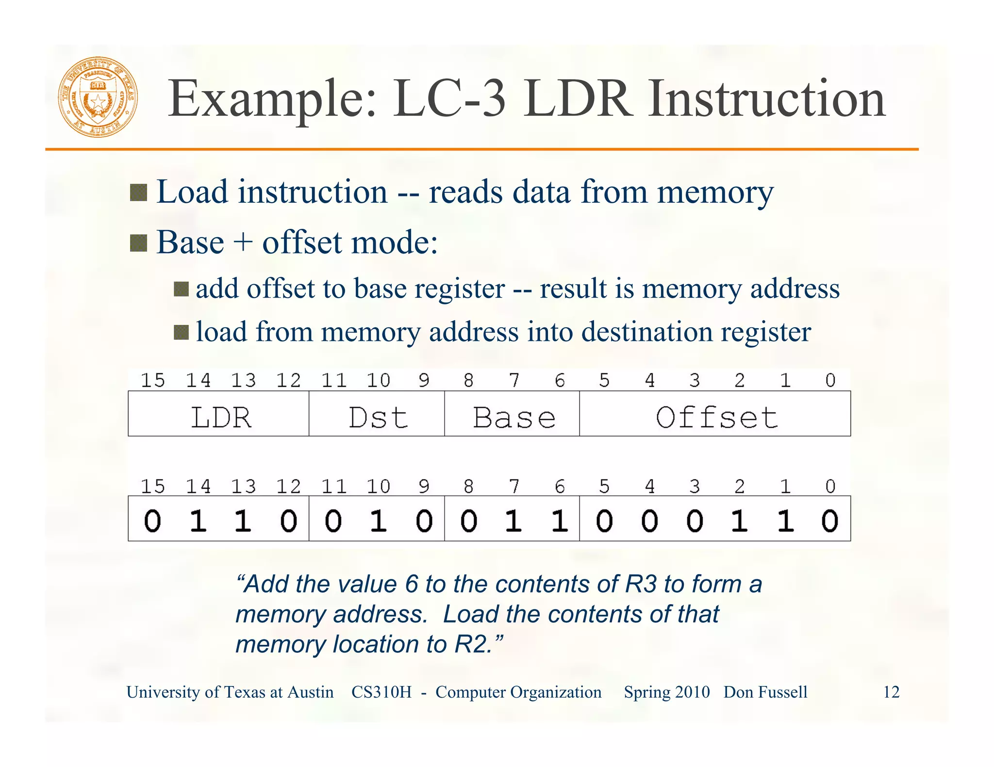 University of Texas at Austin CS310H - Computer Organization Spring 2010 Don Fussell 12
Example: LC-3 LDR Instruction
Load instruction -- reads data from memory
Base + offset mode:
add offset to base register -- result is memory address
load from memory address into destination register
“Add the value 6 to the contents of R3 to form a
memory address. Load the contents of that
memory location to R2.”
 
