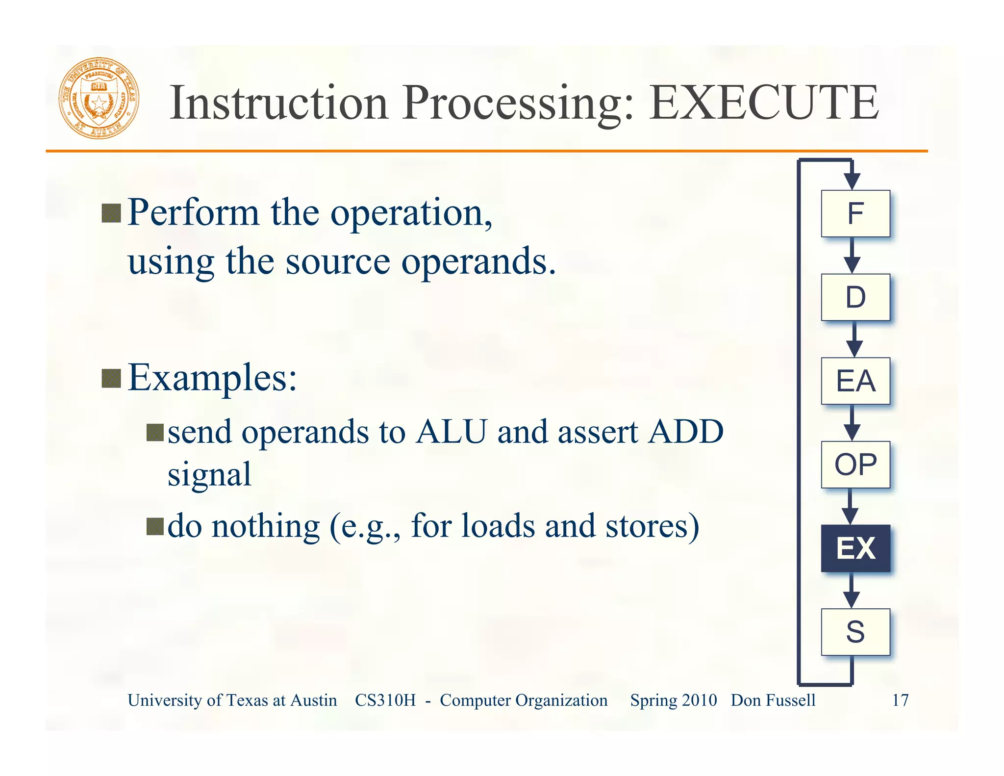 University of Texas at Austin CS310H - Computer Organization Spring 2010 Don Fussell 17
Instruction Processing: EXECUTE
Perform the operation,
using the source operands.
Examples:
send operands to ALU and assert ADD
signal
do nothing (e.g., for loads and stores)
EA
OP
EX
S
F
D
 