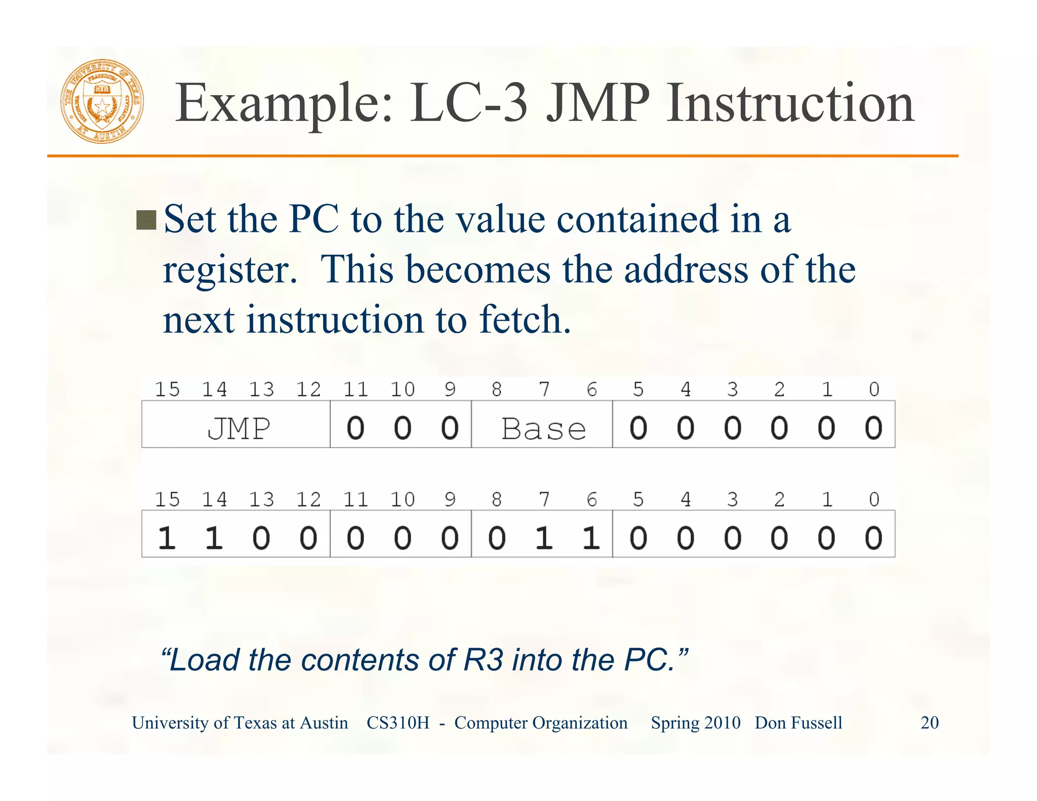 University of Texas at Austin CS310H - Computer Organization Spring 2010 Don Fussell 20
Example: LC-3 JMP Instruction
Set the PC to the value contained in a
register. This becomes the address of the
next instruction to fetch.
“Load the contents of R3 into the PC.”
 