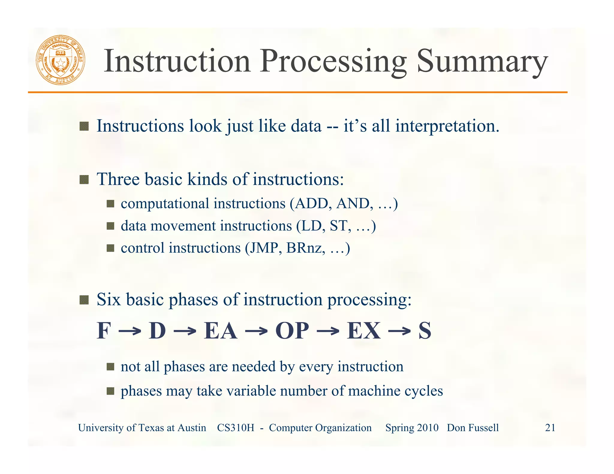 University of Texas at Austin CS310H - Computer Organization Spring 2010 Don Fussell 21
Instruction Processing Summary
Instructions look just like data -- it’s all interpretation.
Three basic kinds of instructions:
computational instructions (ADD, AND, …)
data movement instructions (LD, ST, …)
control instructions (JMP, BRnz, …)
Six basic phases of instruction processing:
F → D → EA → OP → EX → S
not all phases are needed by every instruction
phases may take variable number of machine cycles
 