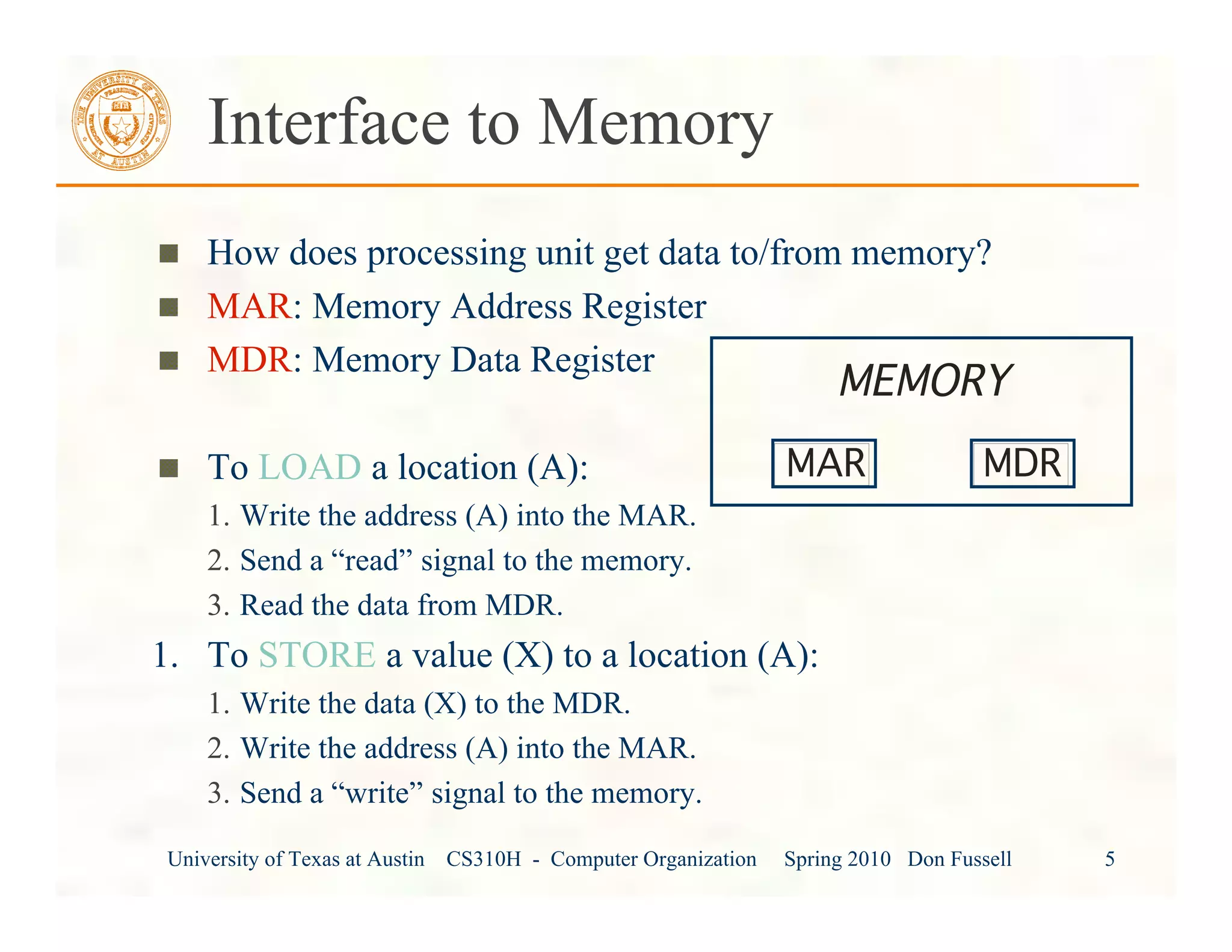 University of Texas at Austin CS310H - Computer Organization Spring 2010 Don Fussell 5
Interface to Memory
How does processing unit get data to/from memory?
MAR: Memory Address Register
MDR: Memory Data Register
To LOAD a location (A):
1. Write the address (A) into the MAR.
2. Send a “read” signal to the memory.
3. Read the data from MDR.
1. To STORE a value (X) to a location (A):
1. Write the data (X) to the MDR.
2. Write the address (A) into the MAR.
3. Send a “write” signal to the memory.
MEMORY
MAR MDR
 