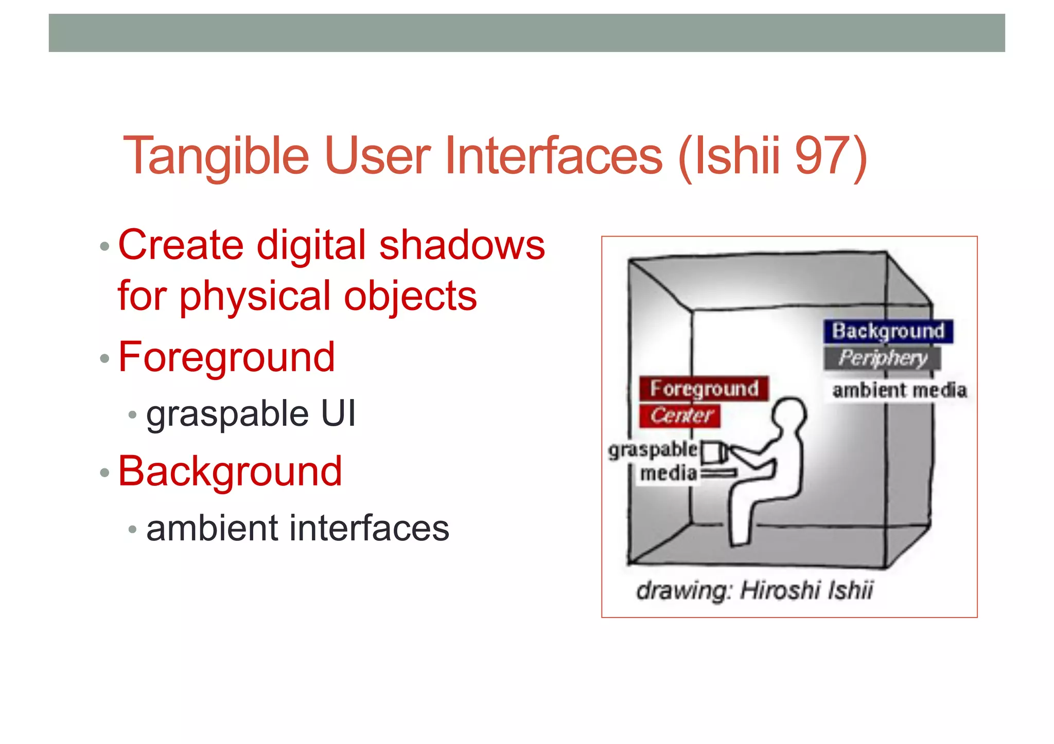 Tangible User Interfaces (Ishii 97)
• Create digital shadows
for physical objects
• Foreground
• graspable UI
• Background
• ambient interfaces
 
