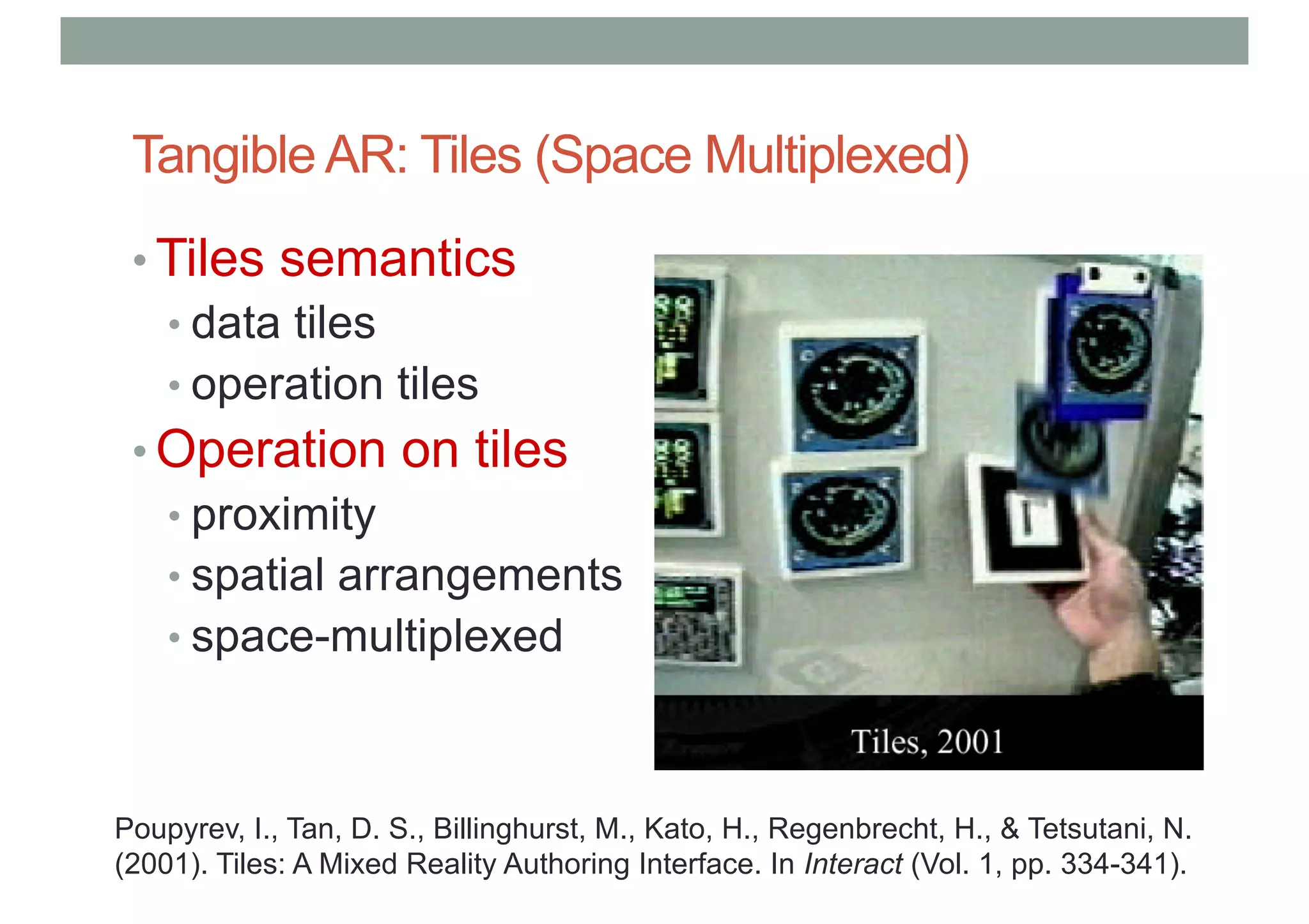 Tangible AR: Tiles (Space Multiplexed)
• Tiles semantics
• data tiles
• operation tiles
• Operation on tiles
• proximity
• spatial arrangements
• space-multiplexed
Poupyrev, I., Tan, D. S., Billinghurst, M., Kato, H., Regenbrecht, H., & Tetsutani, N.
(2001). Tiles: A Mixed Reality Authoring Interface. In Interact (Vol. 1, pp. 334-341).
 