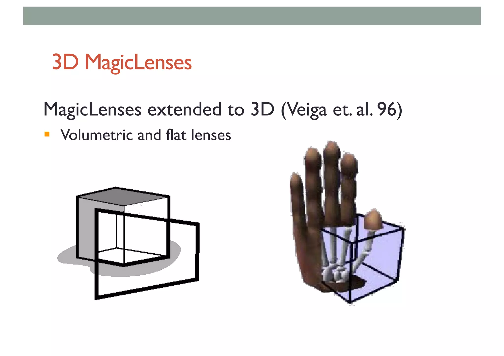3D MagicLenses
MagicLenses extended to 3D (Veiga et. al. 96)
§ Volumetric and flat lenses
 