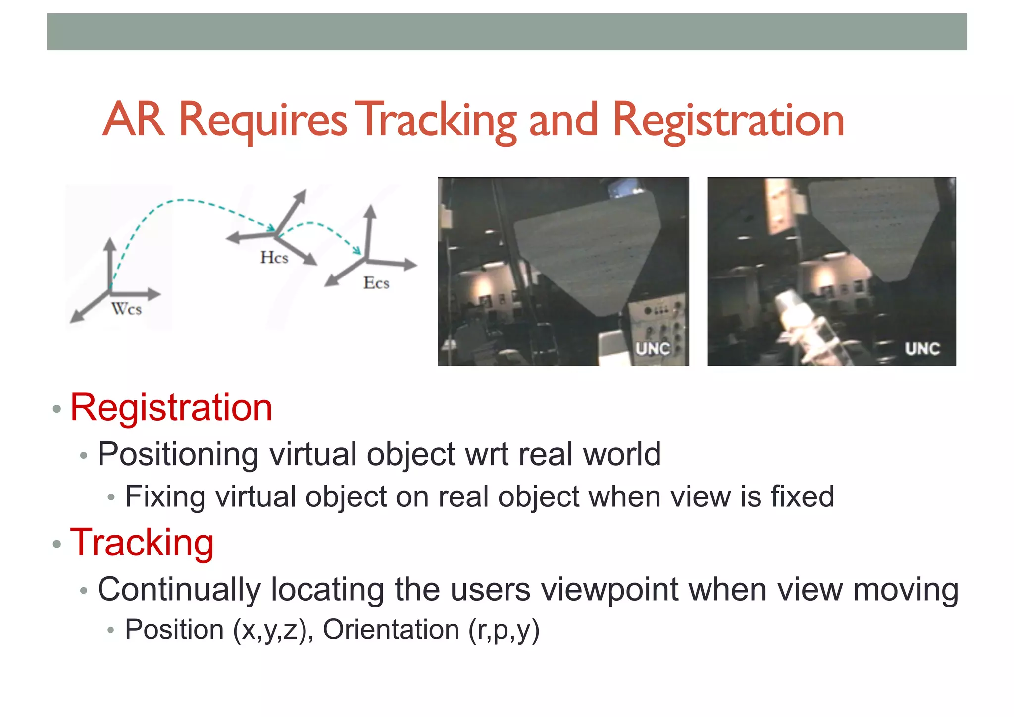 AR RequiresTracking and Registration
• Registration
• Positioning virtual object wrt real world
• Fixing virtual object on real object when view is fixed
• Tracking
• Continually locating the users viewpoint when view moving
• Position (x,y,z), Orientation (r,p,y)
 