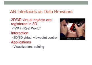AR Interfaces as Data Browsers
• 2D/3D virtual objects are
registered in 3D
• “VR in Real World”
• Interaction
• 2D/3D virtual viewpoint control
• Applications
• Visualization, training
 