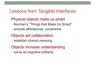 Lessons from Tangible Interfaces
• Physical objects make us smart
• Norman’s “Things that Make Us Smart”
• encode affordances, constraints
• Objects aid collaboration
• establish shared meaning
• Objects increase understanding
• serve as cognitive artifacts
 