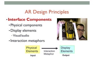 •Interface Components
• Physical components
• Display elements
• Visual/audio
• Interaction metaphors
Physical
Elements
Display
ElementsInteraction
Metaphor
Input Output
AR Design Principles
 