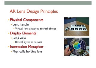 AR Lens Design Principles
• Physical Components
• Lens handle
• Virtual lens attached to real object
• Display Elements
• Lens view
• Reveal layers in dataset
• Interaction Metaphor
• Physically holding lens
 