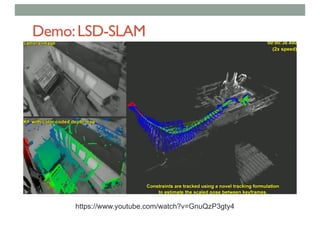 Demo:LSD-SLAM
https://www.youtube.com/watch?v=GnuQzP3gty4
 