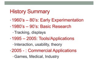 History Summary
•1960’s – 80’s: Early Experimentation
•1980’s – 90’s: Basic Research
• Tracking, displays
•1995 – 2005: Tools/Applications
• Interaction, usability, theory
•2005 - : Commercial Applications
• Games, Medical, Industry
 