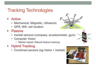 Tracking Technologies
§ Active
• Mechanical, Magnetic, Ultrasonic
• GPS, Wifi, cell location
§ Passive
• Inertial sensors (compass, accelerometer, gyro)
• Computer Vision
• Marker based, Natural feature tracking
§ Hybrid Tracking
• Combined sensors (eg Vision + Inertial)
 