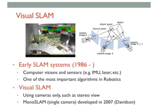 Visual SLAM
• Early SLAM systems (1986 - )
• Computer visions and sensors (e.g. IMU, laser, etc.)
• One of the most important algorithms in Robotics
• Visual SLAM
• Using cameras only, such as stereo view
• MonoSLAM (single camera) developed in 2007 (Davidson)
 