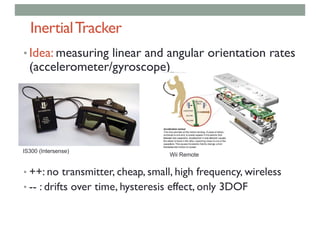 InertialTracker
• Idea: measuring linear and angular orientation rates
(accelerometer/gyroscope)
• ++: no transmitter, cheap, small, high frequency, wireless
• -- : drifts over time, hysteresis effect, only 3DOF
IS300 (Intersense)
Wii Remote
 