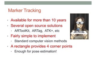 Marker Tracking
• Available for more than 10 years
• Several open source solutions
• ARToolKit, ARTag, ATK+, etc
• Fairly simple to implement
• Standard computer vision methods
• A rectangle provides 4 corner points
• Enough for pose estimation!
 
