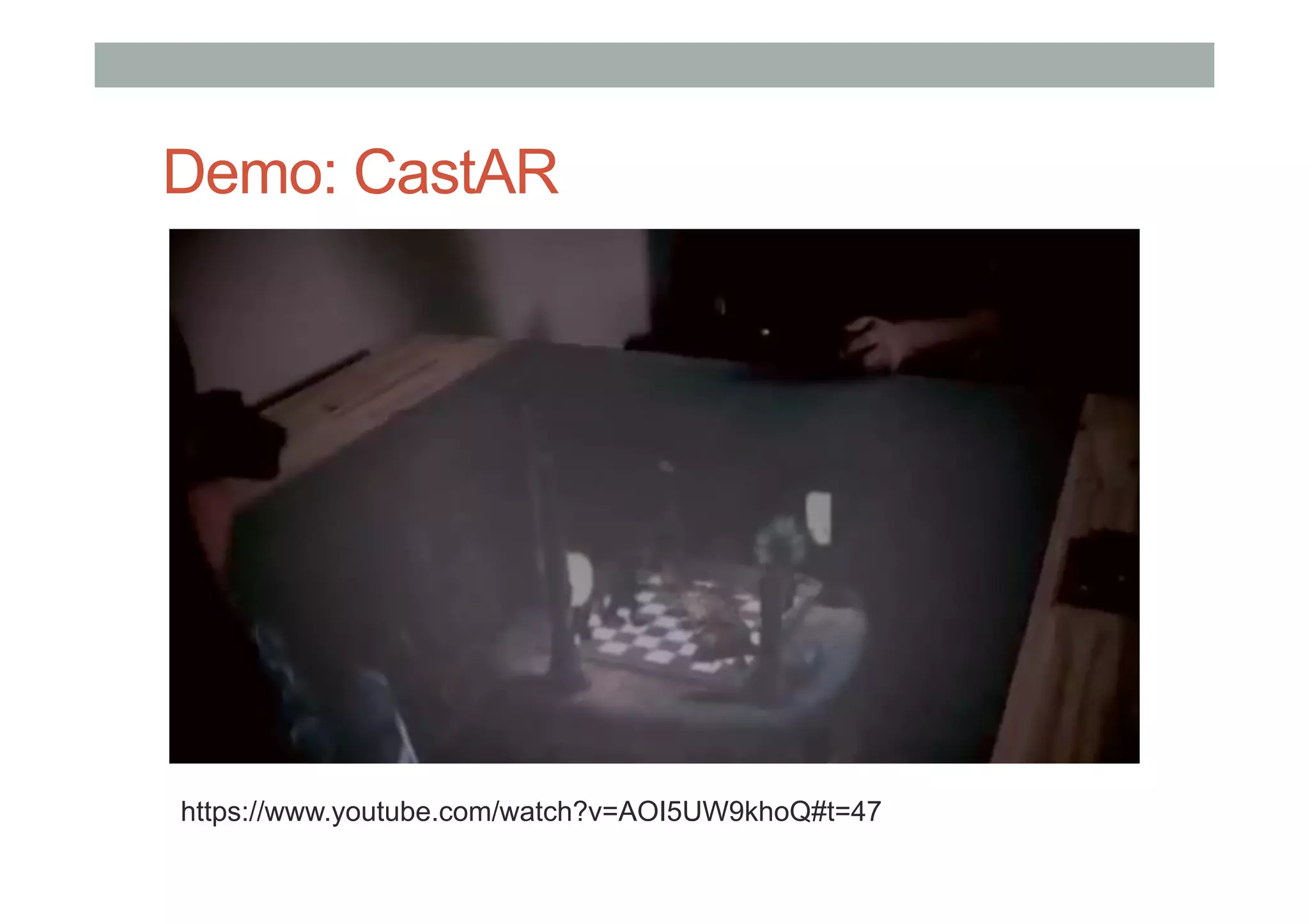 Demo: CastAR
https://www.youtube.com/watch?v=AOI5UW9khoQ#t=47
 