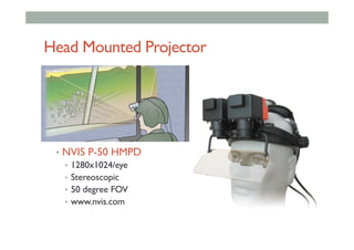 Head Mounted Projector
•  NVIS P-50 HMPD
•  1280x1024/eye
•  Stereoscopic
•  50 degree FOV
•  www.nvis.com
 