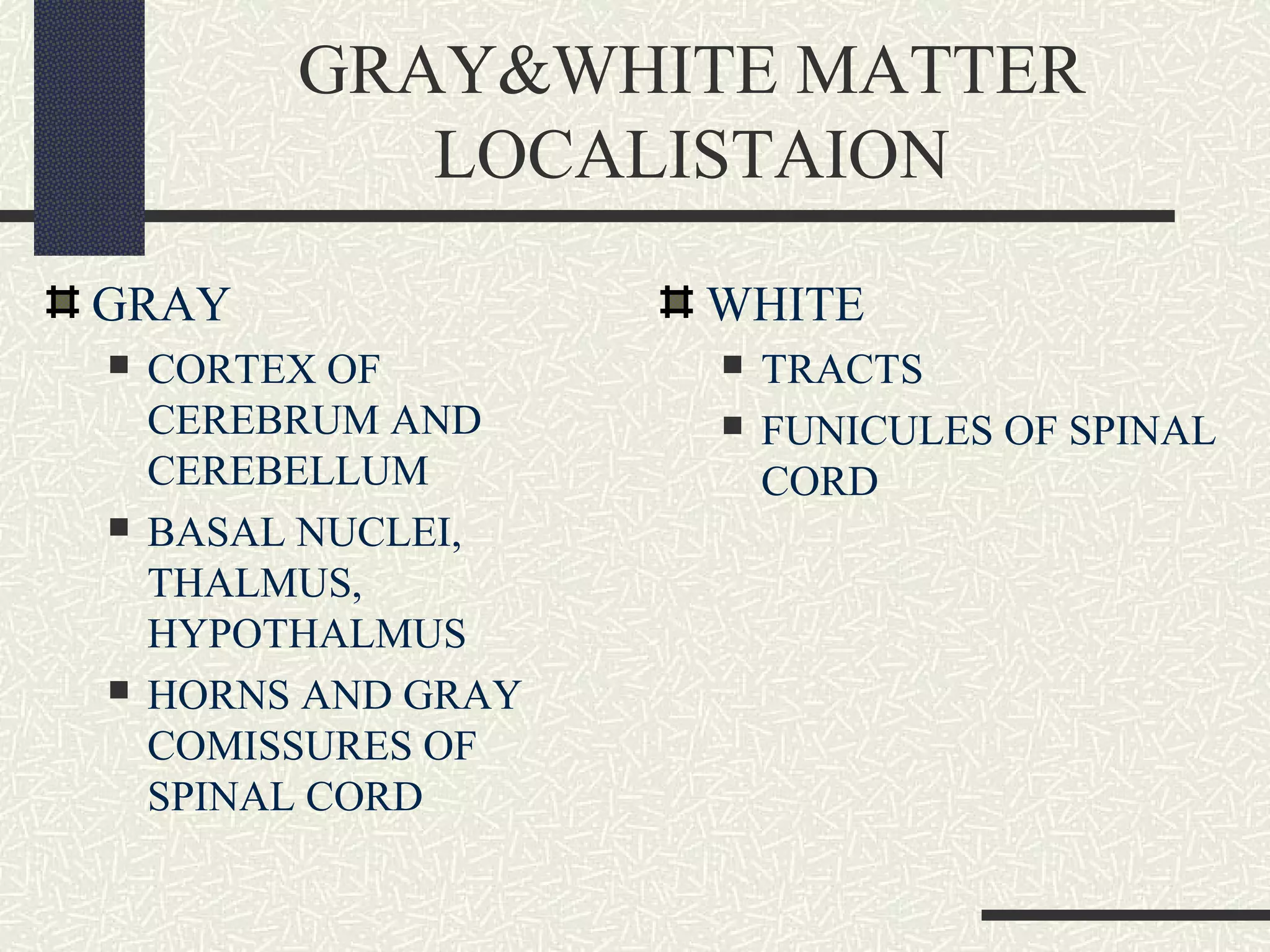 GRAY&WHITE MATTER
LOCALISTAION
GRAY






CORTEX OF
CEREBRUM AND
CEREBELLUM
BASAL NUCLEI,
THALMUS,
HYPOTHALMUS
HORNS AND GRAY
COMISSURES OF
SPINAL CORD

WHITE



TRACTS
FUNICULES OF SPINAL
CORD

 