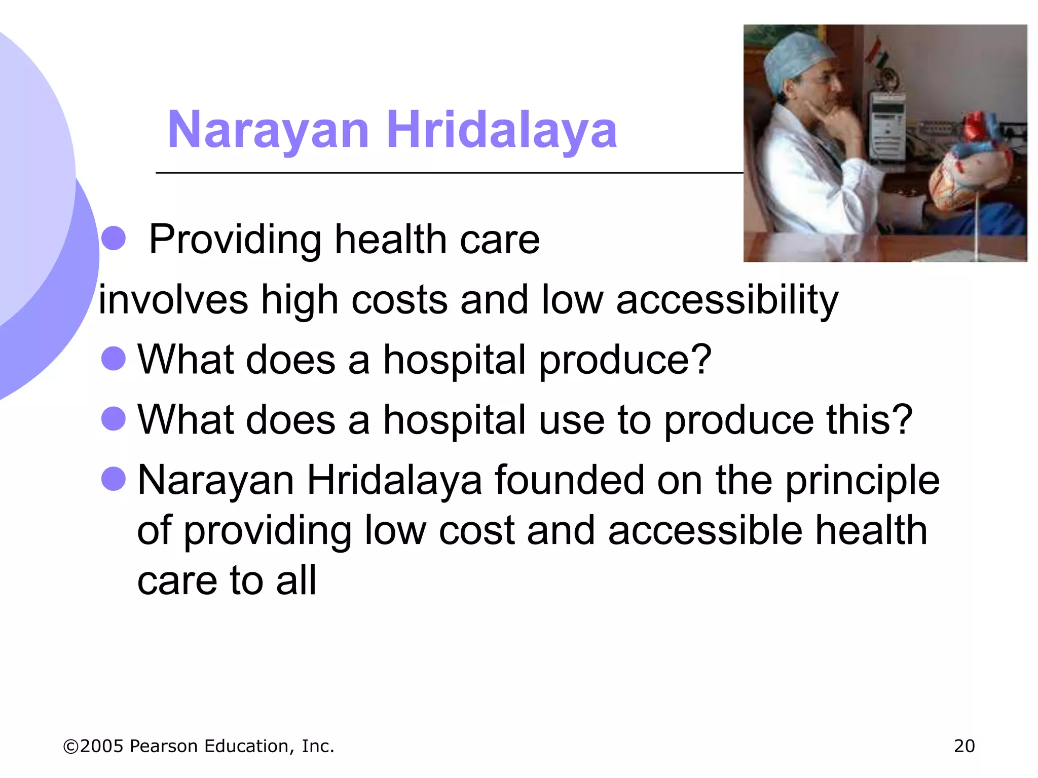 Narayan Hridalaya

    Providing health care
   involves high costs and low accessibility
    What does a hospital produce?
    What does a hospital use to produce this?
    Narayan Hridalaya founded on the principle
     of providing low cost and accessible health
     care to all


©2005 Pearson Education, Inc.                      20
 