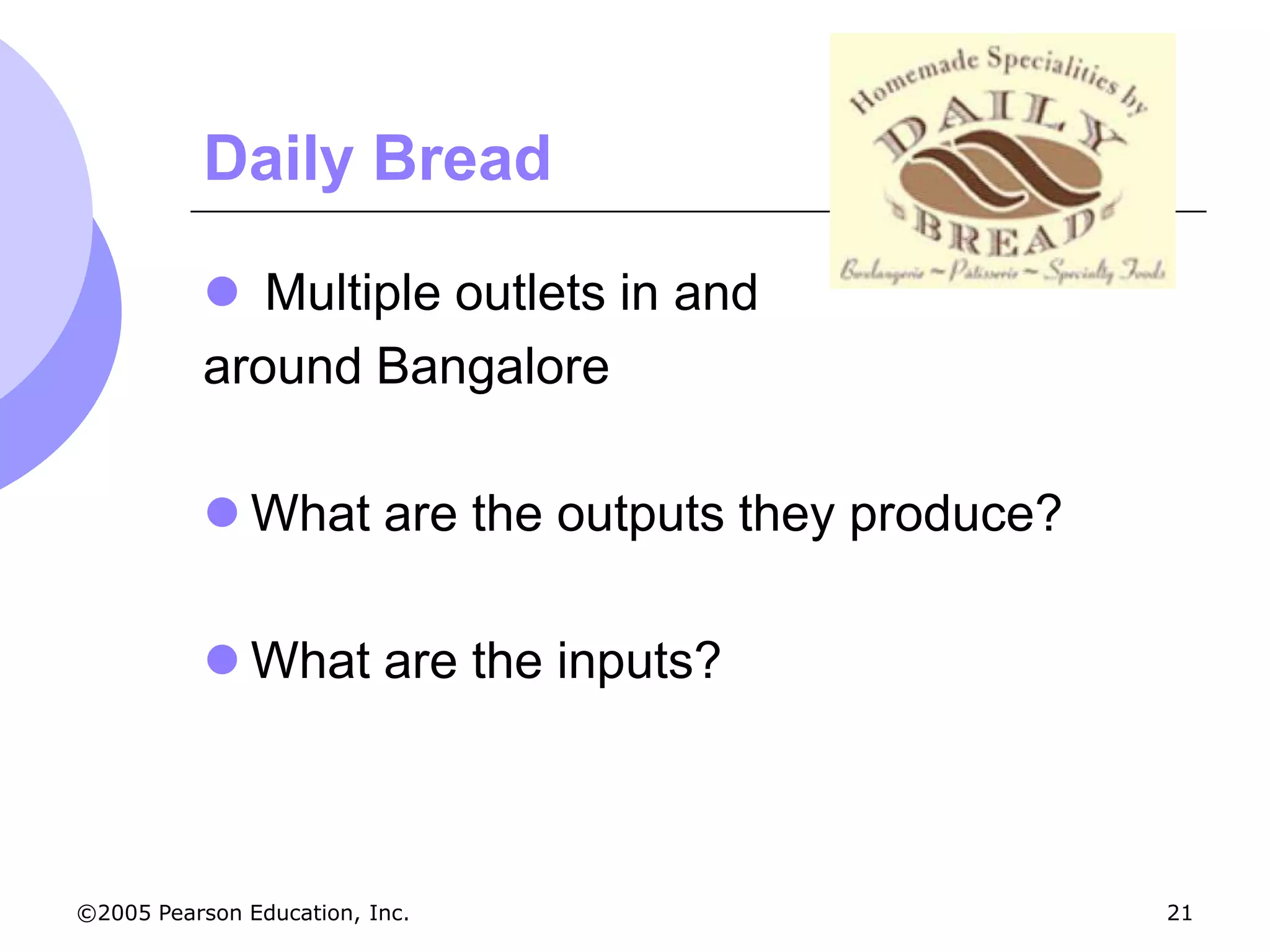 Daily Bread

            Multiple outlets in and
           around Bangalore

            What are the outputs they produce?

            What are the inputs?



©2005 Pearson Education, Inc.                     21
 