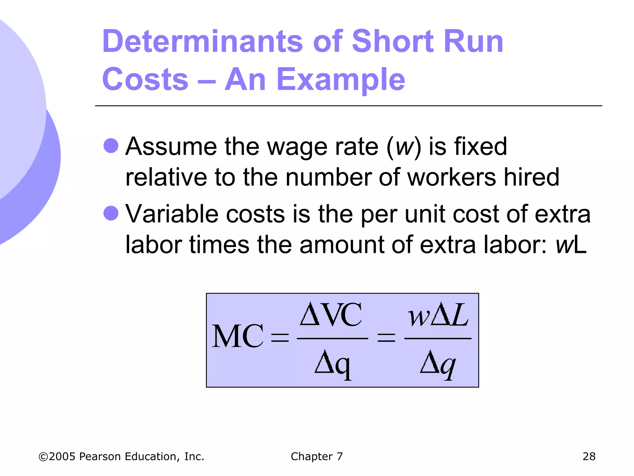 Determinants of Short Run
           Costs – An Example

            Assume the wage rate (w) is fixed
             relative to the number of workers hired
            Variable costs is the per unit cost of extra
             labor times the amount of extra labor: wL

                                         VC      w L
                                MC
                                          q       q

©2005 Pearson Education, Inc.        Chapter 7          28
 