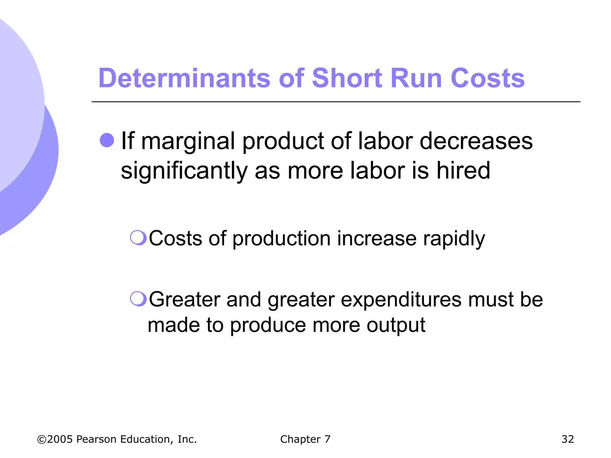 Determinants of Short Run Costs

            If marginal product of labor decreases
             significantly as more labor is hired

                Costs of production increase rapidly

                Greater and greater expenditures must be
                 made to produce more output




©2005 Pearson Education, Inc.   Chapter 7                   32
 