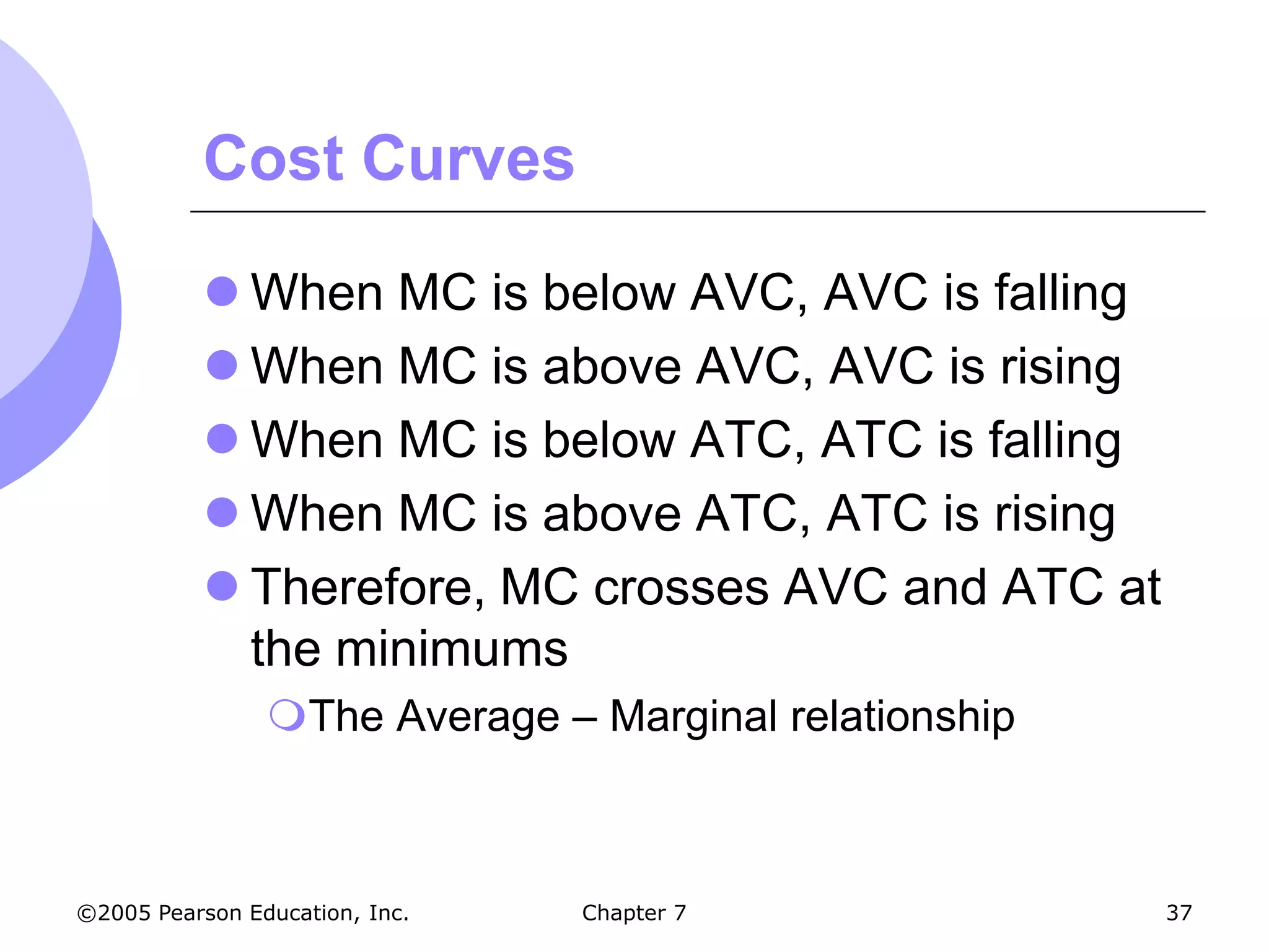Cost Curves

            When MC is below AVC, AVC is falling
            When MC is above AVC, AVC is rising
            When MC is below ATC, ATC is falling
            When MC is above ATC, ATC is rising
            Therefore, MC crosses AVC and ATC at
             the minimums
                The Average – Marginal relationship



©2005 Pearson Education, Inc.   Chapter 7              37
 