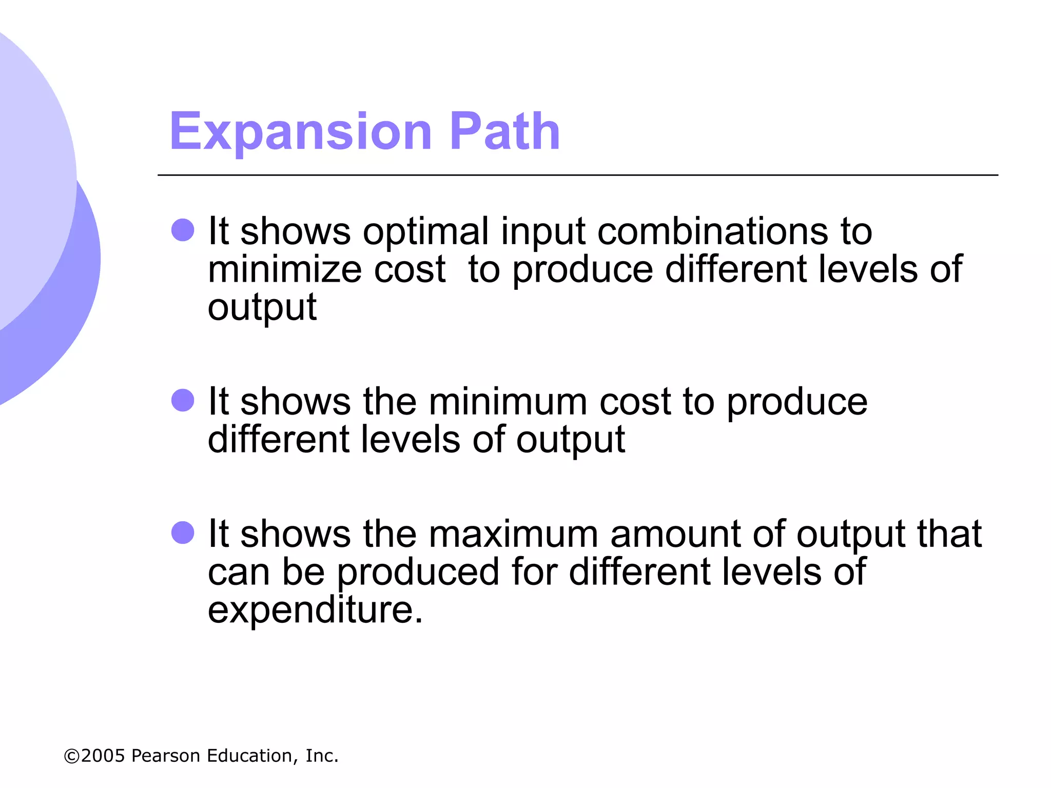Expansion Path
            It shows optimal input combinations to
             minimize cost to produce different levels of
             output

            It shows the minimum cost to produce
             different levels of output

            It shows the maximum amount of output that
             can be produced for different levels of
             expenditure.


©2005 Pearson Education, Inc.
 