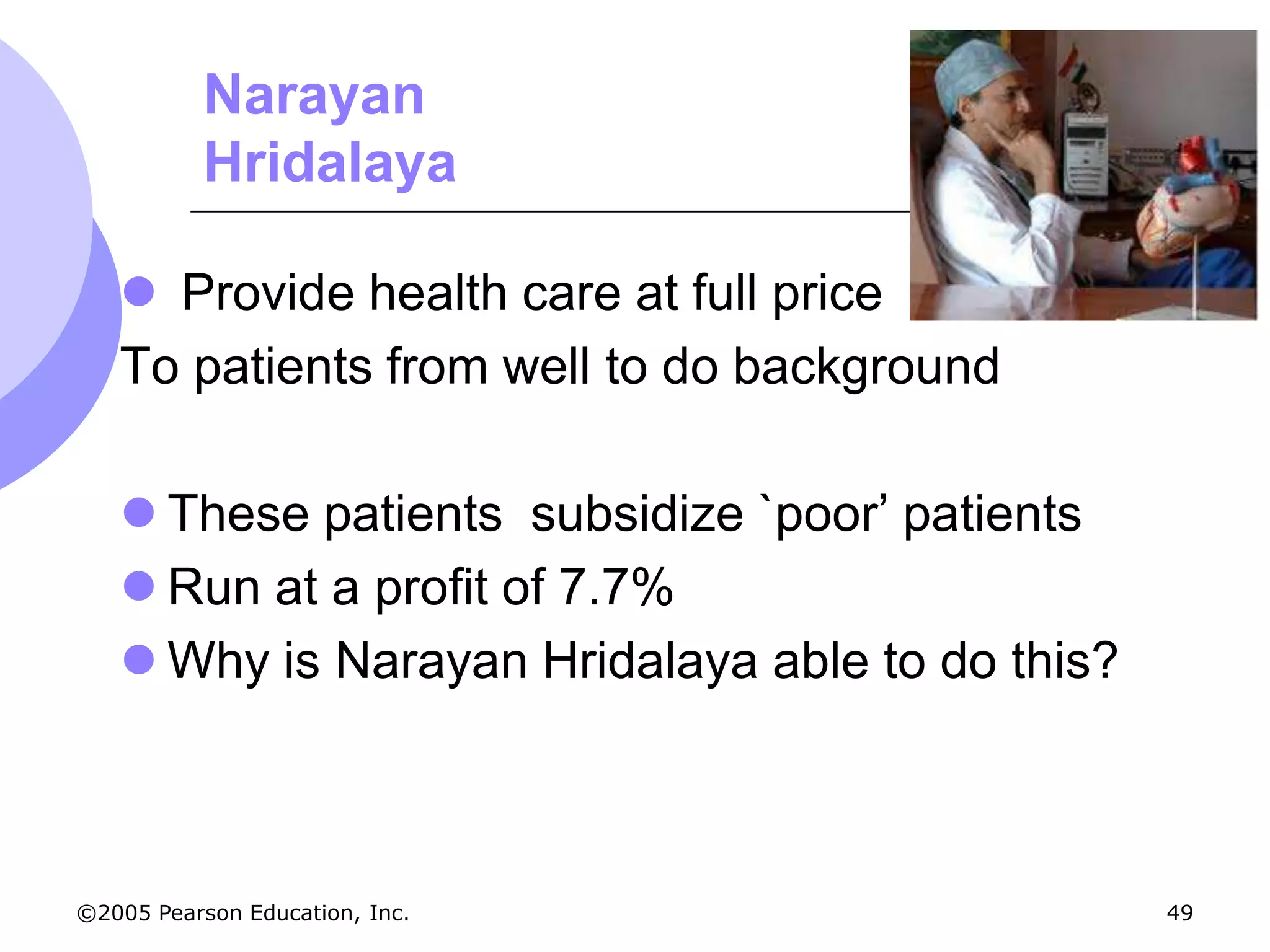 Narayan
           Hridalaya

    Provide health care at full price
   To patients from well to do background

    These patients subsidize `poor’ patients
    Run at a profit of 7.7%
    Why is Narayan Hridalaya able to do this?



©2005 Pearson Education, Inc.                    49
 