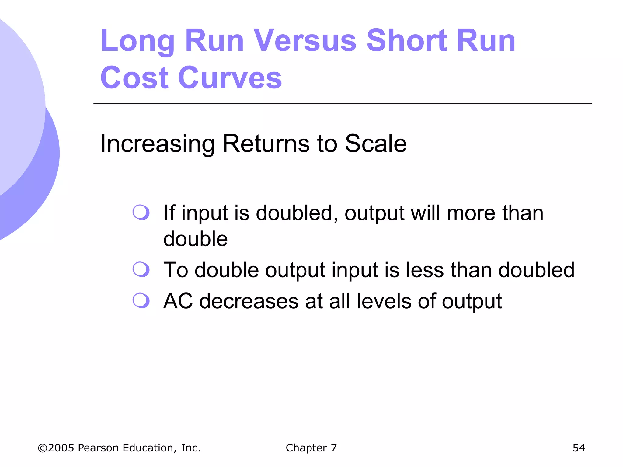 Long Run Versus Short Run
           Cost Curves

           Increasing Returns to Scale

                 If input is doubled, output will more than
                  double
                 To double output input is less than doubled
                 AC decreases at all levels of output




©2005 Pearson Education, Inc.   Chapter 7                   54
 