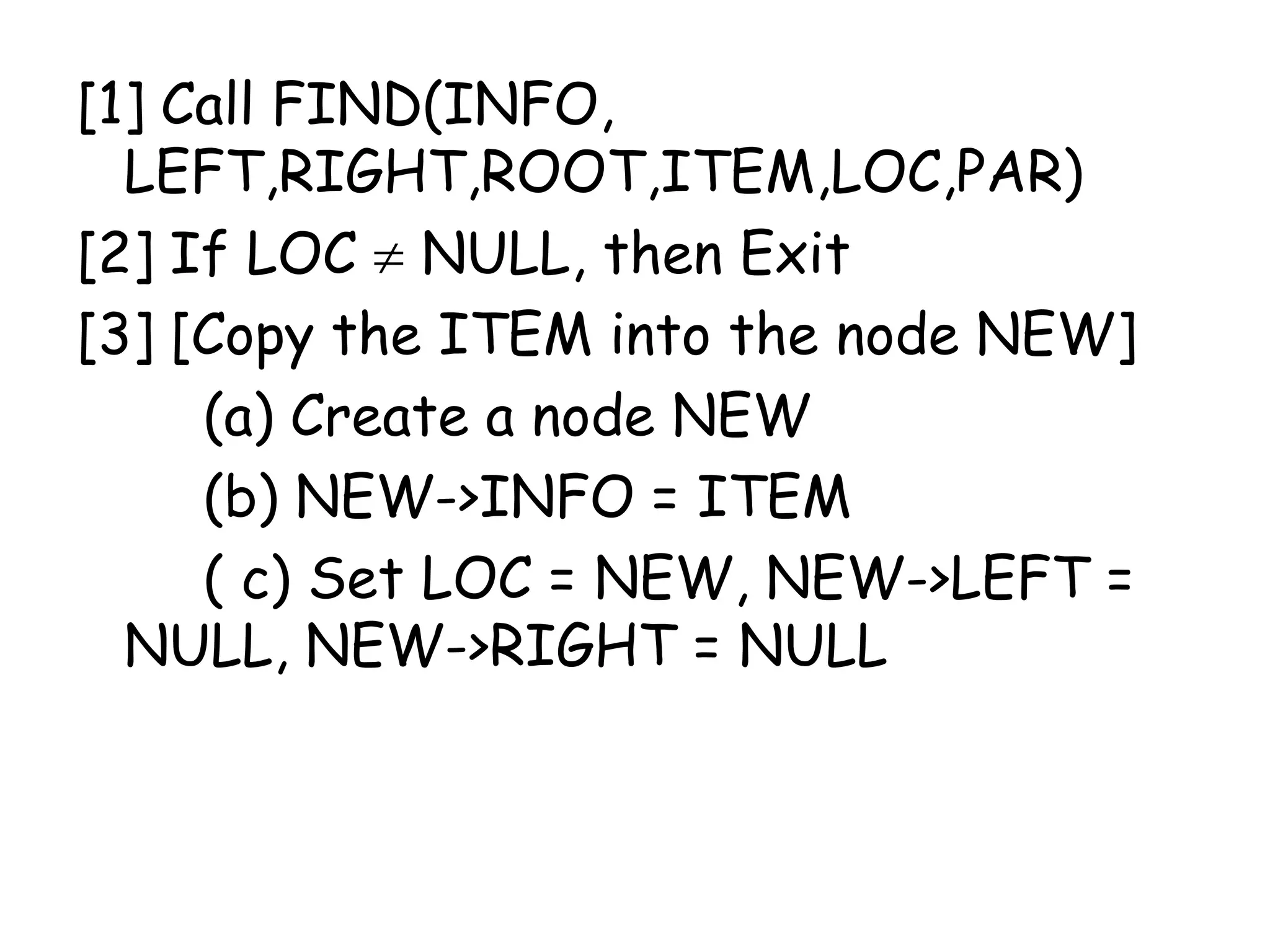 [1] Call FIND(INFO,
LEFT,RIGHT,ROOT,ITEM,LOC,PAR)
[2] If LOC NULL, then Exit
[3] [Copy the ITEM into the node NEW]
(a) Create a node NEW
(b) NEW->INFO = ITEM
( c) Set LOC = NEW, NEW->LEFT =
NULL, NEW->RIGHT = NULL

 
