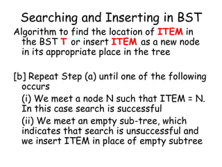 Searching and Inserting in BST

Algorithm to find the location of ITEM in
the BST T or insert ITEM as a new node
in its appropriate place in the tree

[b] Repeat Step (a) until one of the following
occurs
(i) We meet a node N such that ITEM = N.
In this case search is successful
(ii) We meet an empty sub-tree, which
indicates that search is unsuccessful and
we insert ITEM in place of empty subtree

 