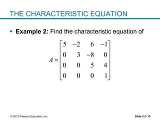 Slide 5.2- 15© 2012 Pearson Education, Inc.
THE CHARACTERISTIC EQUATION
 Example 2: Find the characteristic equation of
5 2 6 1
0 3 8 0
0 0 5 4
0 0 0 1
A
  
 
 
 
 
 
 