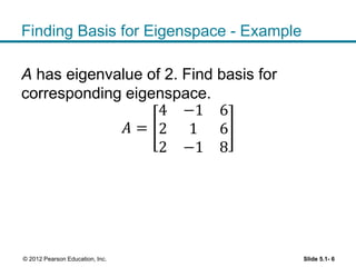 Finding Basis for Eigenspace - Example
A has eigenvalue of 2. Find basis for
corresponding eigenspace.
𝐴 =
4 −1 6
2 1 6
2 −1 8
Slide 5.1- 6© 2012 Pearson Education, Inc.
 