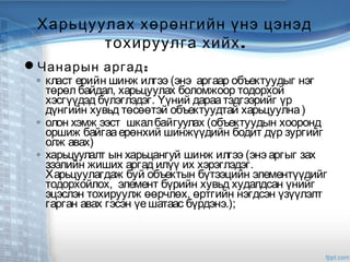 Харьцуулах хөрөнгийн үнэ цэнэд
.тохируулга хийх
 :Чанарын аргад
◦ класт ерийн шинж илгээ (энэ аргаар объектуудыг нэг
төрөл байдал, харьцуулах боломжоор тодорхой
хэсгүүдэд бүлэглэдэг. Үүний дараатэдгээрийг үр
дүнгийн хувьд төсөөтэй объектуудтай харьцуулна)
◦ олон хэмж ээст шкалбайгуулах (объектуудын хооронд
оршиж байгааерөнхий шинжүүдийн бодит дүр зургийг
олж авах)
◦ харьцуулалт ын харьцангуй шинж илгээ (энэ аргыг зах
зээлийн жиших аргад илүү их хэрэглэдэг.
Харьцуулагдаж буй объектын бүтээцийн элементүүдийг
тодорхойлох, элемент бүрийн хувьд худалдсан үнийг
эцэслэн тохируулж өөрчлөх, өртгийн нэгдсэн үзүүлэлт
гарган авах гэсэн үешатаас бүрдэнэ.);
 