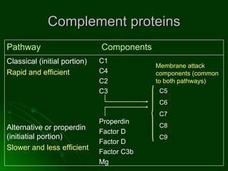 Complement proteins C5 C6 C7 C8 C9 Membrane attack components (common to both pathways) C1 C4 C2 C3 Properdin  Factor D Factor D Factor C3b Mg Classical (initial portion) Rapid and efficient Alternative or properdin (initiatial portion) Slower and less efficient Components  Pathway  