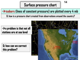 Surface pressure chart

14

isobars (lines of constant pressure) are plotted every 4 mb
Q: how is a pressure chart created from observations around the country?

a problem is that not all
stations are at sea level

Q: how can we correct
this problem?

 