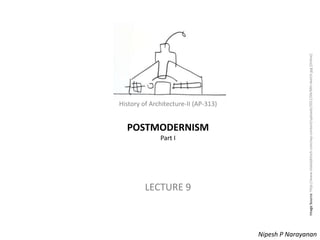 POSTMODERNISM
Part I

LECTURE 9

Image Source: http://www.statelykitsch.com/wp-content/uploads/2011/04/MH-sketch.jpg [Online]

History of Architecture-II (AP-313)

History of Architecture - II (AP-313) – Postmodernism
Nipesh P Narayanan

 