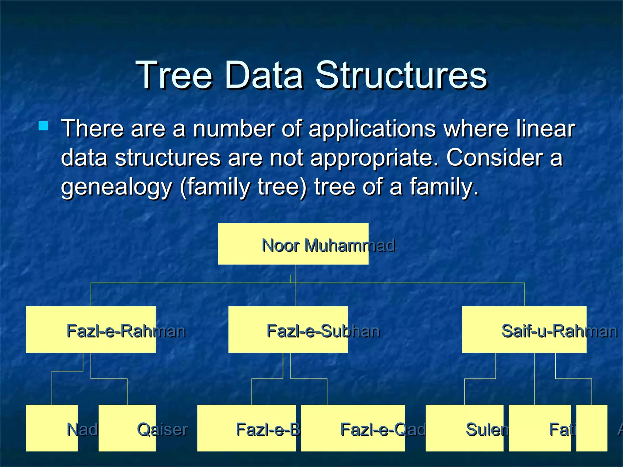 Tree Data StructuresTree Data Structures
Fazl-e-BasitFazl-e-Basit
Fazl-e-SubhanFazl-e-SubhanFazl-e-RahmanFazl-e-Rahman Saif-u-RahmanSaif-u-Rahman
Noor MuhammadNoor Muhammad
Fazl-e-QadirFazl-e-QadirNadirNadir QaiserQaiser SulemanSuleman FatimaFatima AA
 There are a number of applications where linearThere are a number of applications where linear
data structures are not appropriate. Consider adata structures are not appropriate. Consider a
genealogy (family tree) tree of a family.genealogy (family tree) tree of a family.
 