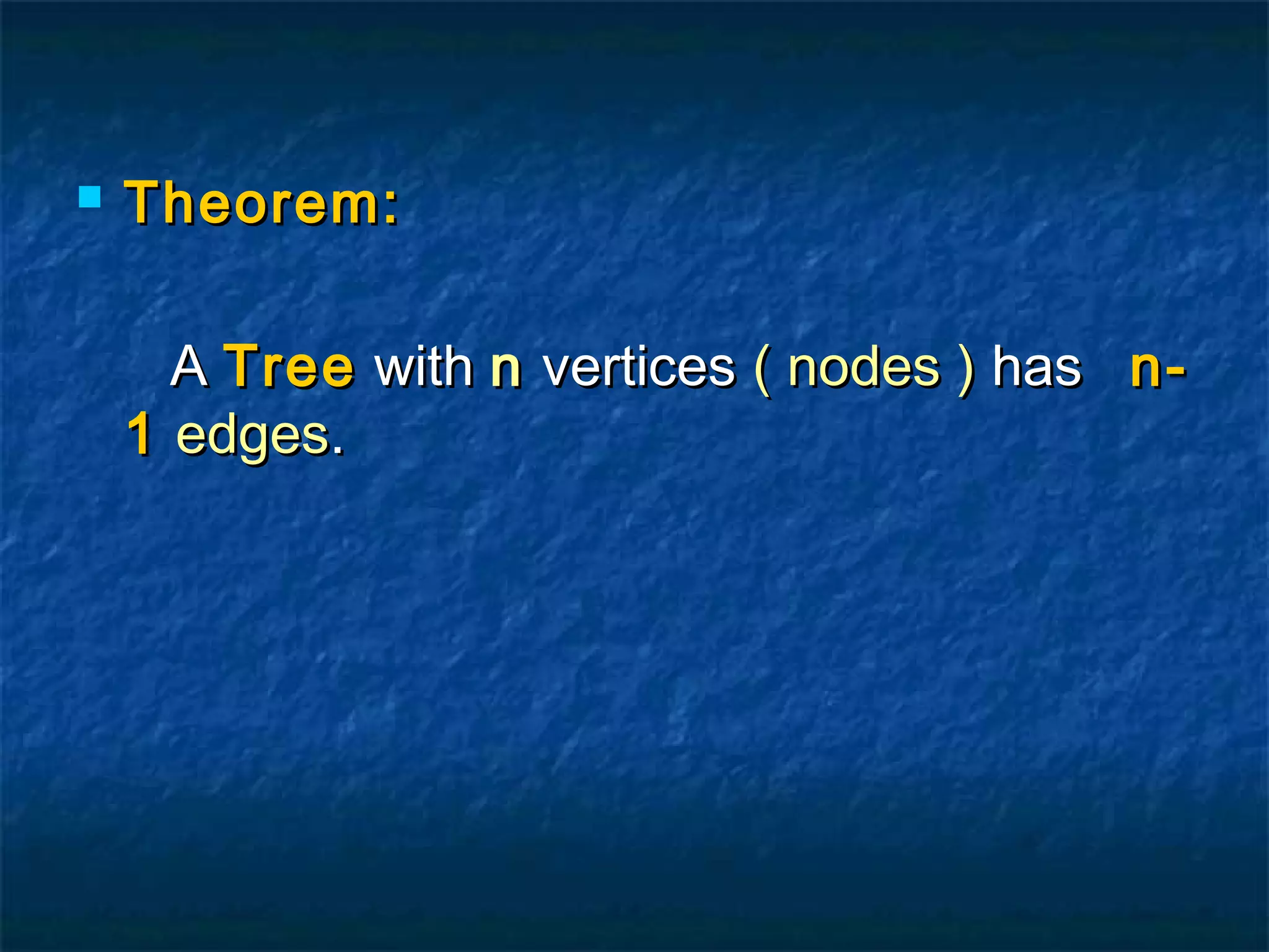  Theorem:Theorem:
AA TreeTree withwith nn verticesvertices ( nodes )( nodes ) hashas n-n-
11 edgesedges..
 