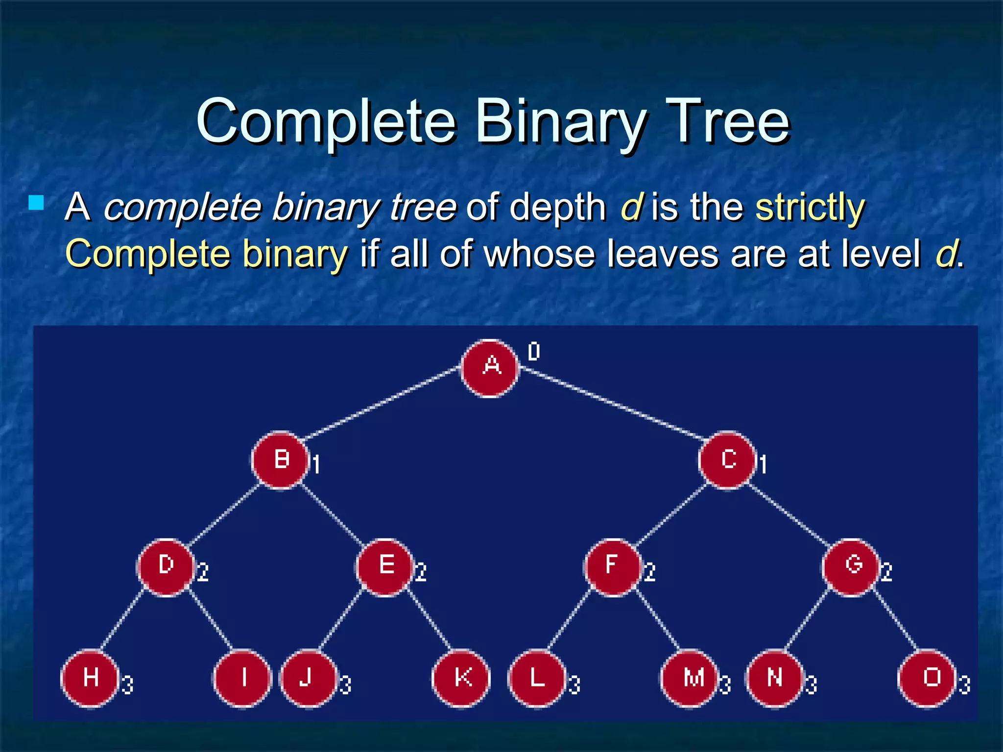 Complete Binary TreeComplete Binary Tree
 AA complete binary treecomplete binary tree of depthof depth dd is theis the strictlystrictly
Complete binaryComplete binary if all of whose leaves are at levelif all of whose leaves are at level dd..
 