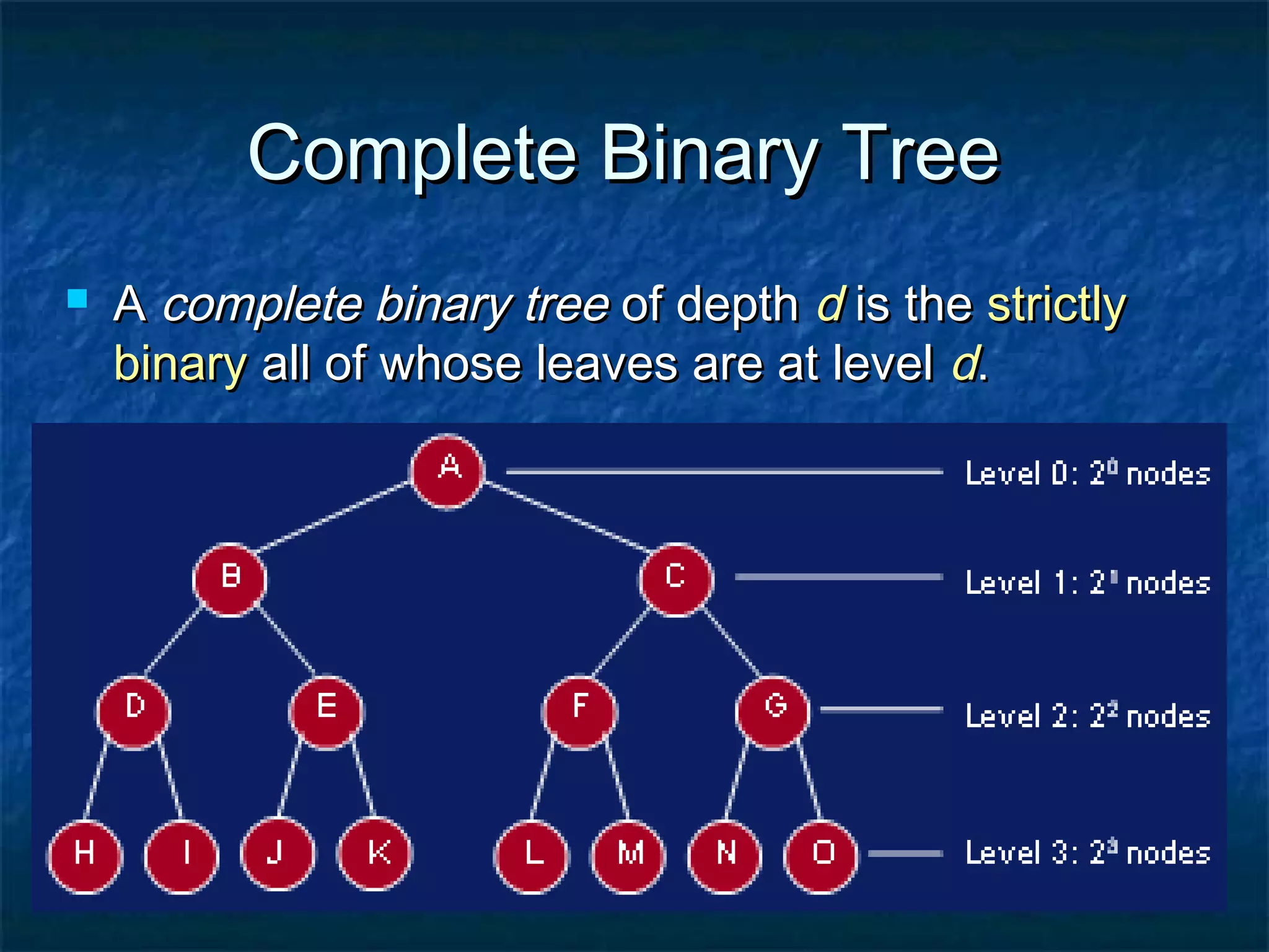 Complete Binary TreeComplete Binary Tree
 AA complete binary treecomplete binary tree of depthof depth dd is theis the strictlystrictly
binarybinary all of whose leaves are at levelall of whose leaves are at level dd..
 