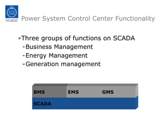 Power System Control Center Functionality
•Three groups of functions on SCADA
-Business Management
-Energy Management
-Generation management
SCADA
BMS EMS GMS
 