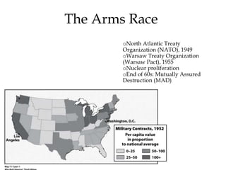 oNorth Atlantic Treaty
Organization (NATO), 1949
oWarsaw Treaty Organization
(Warsaw Pact), 1955
oNuclear proliferation
oEnd of 60s: Mutually Assured
Destruction (MAD)
The Arms Race
 