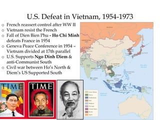 32
U.S. Defeat in Vietnam, 1954-1973
o French reassert control after WW II
o Vietnam resist the French
o Fall of Dien Bien Phu - Ho Chi Minh
defeats France in 1954
o Geneva Peace Conference in 1954 –
Vietnam divided at 17th parallel
o U.S. Supports Ngo Dinh Diem &
anti-Communist South
o Civil war between Ho’s North &
Diem’s US Supported South
 