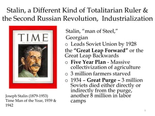 9
Stalin, a Different Kind of Totalitarian Ruler &
the Second Russian Revolution, Industrialization
Stalin, “man of Steel,”
Georgian
o Leads Soviet Union by 1928
the “Great Leap Forward” or the
Great Leap Backwards
o Five Year Plan - Massive
collectivization of agriculture
o 3 million farmers starved
o 1934 – Great Purge – 3 million
Soviets died either directly or
indirectly from the purge,
another 8 million in labor
camps
Joseph Stalin (1879-1953)
Time Man of the Year, 1939 &
1942
 