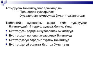 Тохируулах бичилтүүдийг ерөнхийд нь:
Тооцоолон хуваарилах
Хуваарилан тохируулах бичилт гэж ангилдаг
Тайлангийн
хугацааны
эцэст
хийх
түхируулах
бичилтүүдийг 4 төрөлд хувааж болно. Үүнд:
 Бүртгэгдсэн зардлын хуваарилах бичилтүүд
 Бүртгэгдсэн орлогыг хуваарилах бичилтүүд
 Бүртгэгдээгүй зардлыг бүртгэх бичилтүүд
 Бүртгэгдээгүй орлогыг бүртгэх бичилтүүд

 
